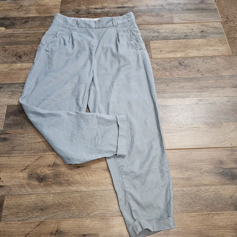 Anthropologie ett twa Womens 8 Nias Cuffed Pants Linen High Rise Taper Blue Crop